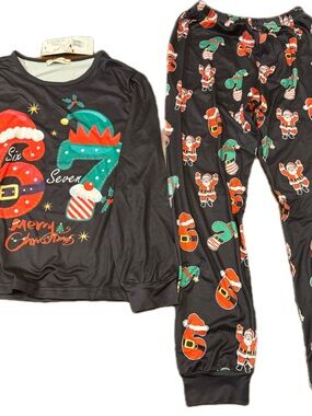 Kids Black Christmas Number Print Pajama Set with Green & Red Accents